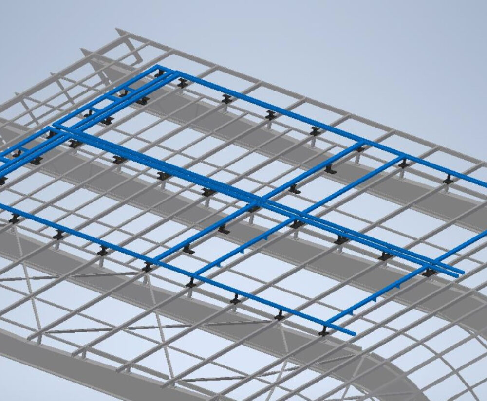 CAD detailing of the support frame and its connections to the steel roof structure