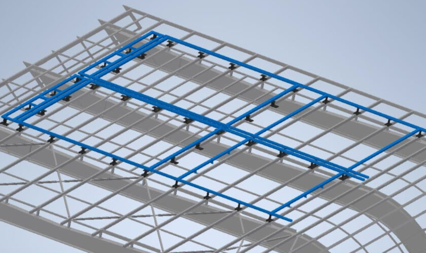 CAD detailing of the support frame and its connections to the steel roof structure