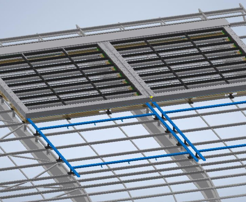 CAD detailing of the retractable roof system on the support frame